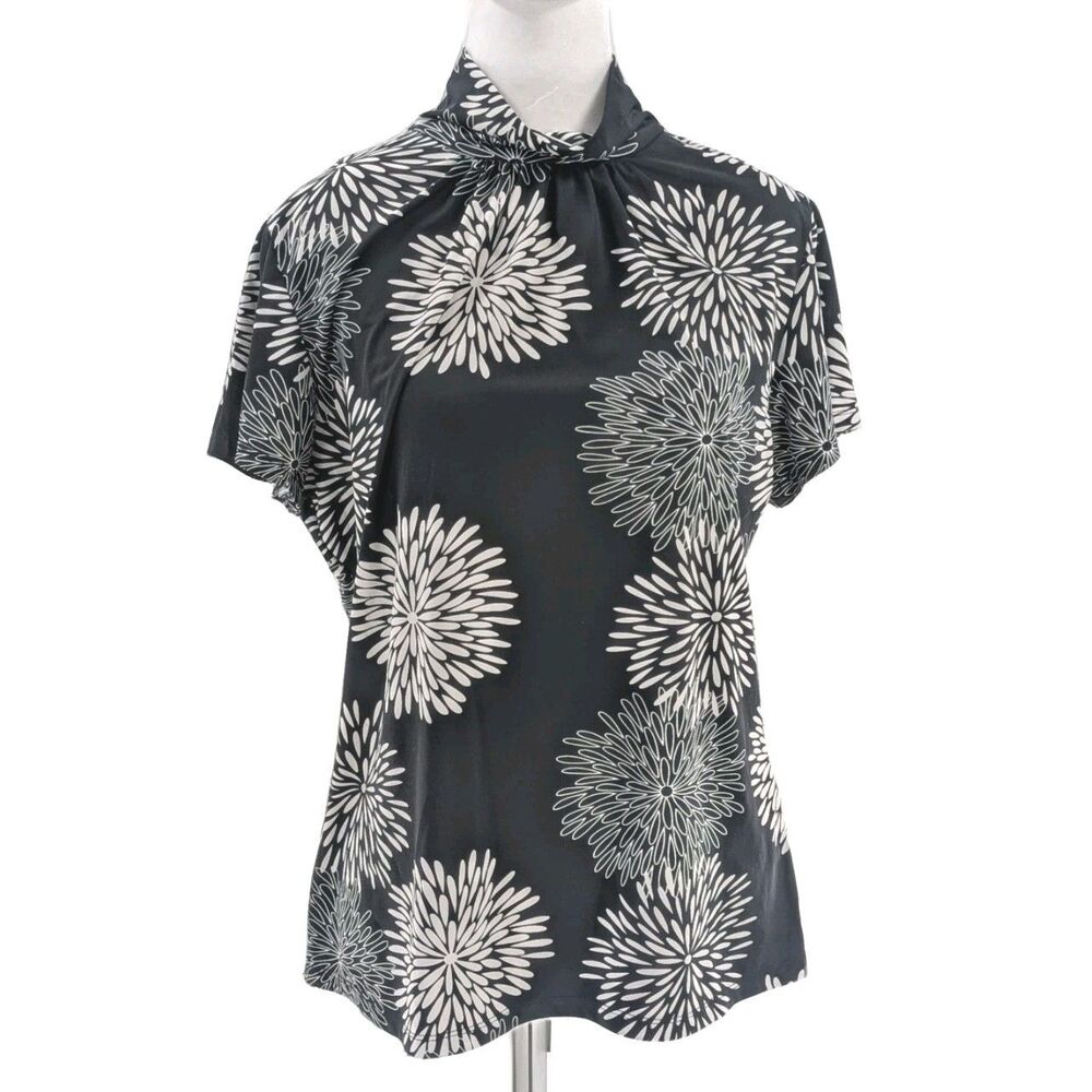 Black White Spring Floral Flowy High Neck Keyhole Button Blouse Size Medium